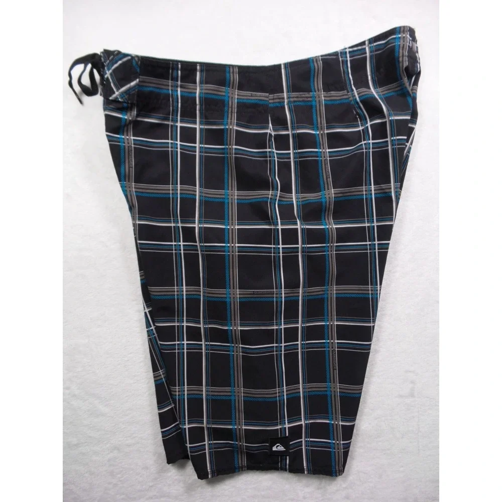 Quiksilver Shorts Mens 33‎ Black Plaid Stretch Boardshorts Pocket Drawstring
